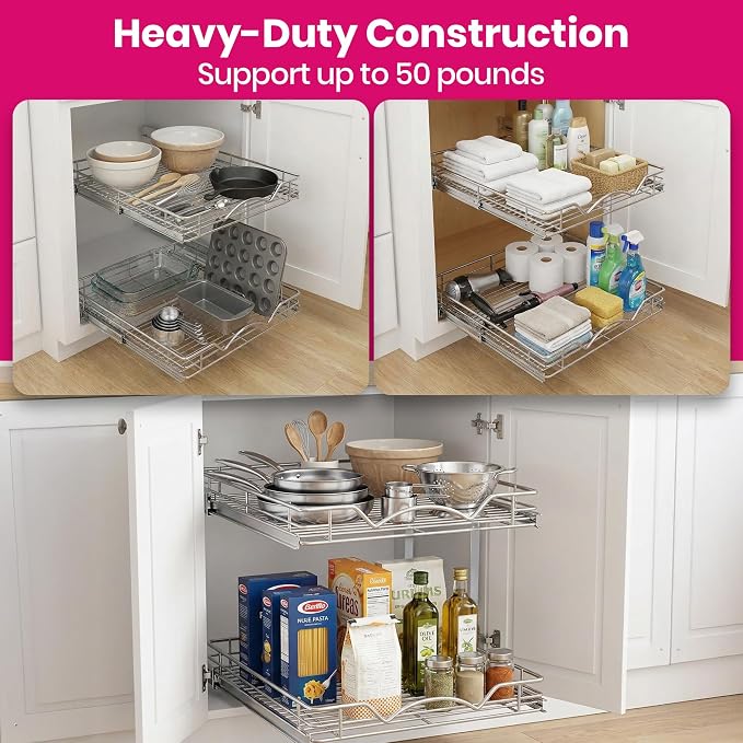 2-Tier Pull-Out Cabinet Organizer for Kitchen, 24" W x 21”D x 16.5" H | Full-Extension Sliding Shelves, Holds 100 lbs, Easy Install for Kitchen, Pantry & Under Sink Cabinets - Image 7