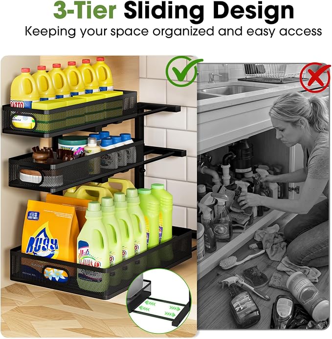 Under Sink Organizer 3 Tier, 2 Pack L-Shaped Pull-Out Cabinet Organizer with Sliding Metal Mesh Drawers, Height Adjustable Under Sink Storage Rack for Kitchen Bathroom Cabinet, Black - Image 2