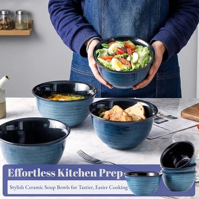 Hasense Ceramic Soup Bowls Set of 4, 40 Ounce Large Cereal Bowls for Kitchen, 7 Inch Serving Bowls for Salad Pasta Ramen Pho Popcorn, Dishwasher Microwave Safe, Navy Blue - Image 2