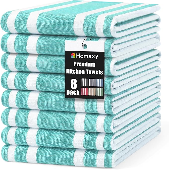 Homaxy Premium Cotton Stripe Kitchen Towels 8 Pack, 18"x 28", Teal | Large 380 GSM Kitchen Hand Towels, Soft Terry Dish Towels, Highly Absorbent Tea Towel Set with Hanging Loop by Homaxy