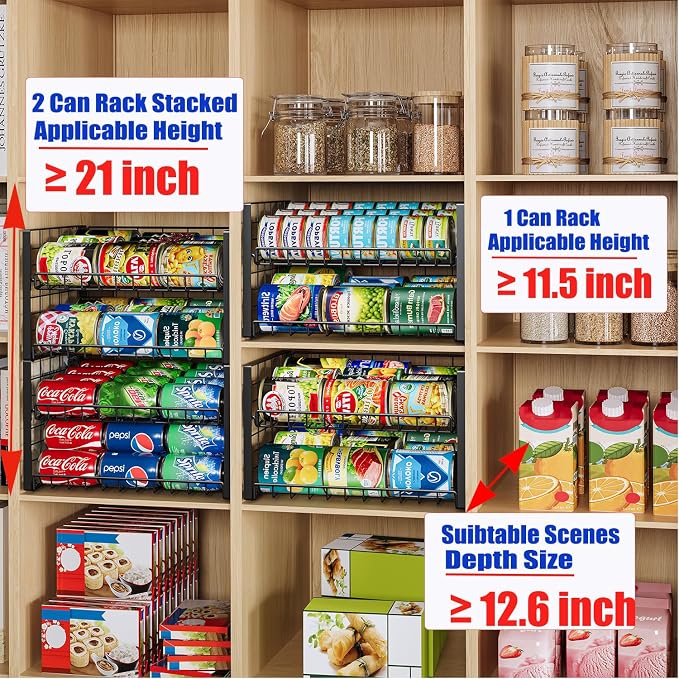 JKsmart 2-Tier Stackable Rack Organizer for Pantry, Adjustable Dispenser Holds Up to 120 Cans, Storage Holder for Various Ounces of Canned Drinks, Black, 4 Pack - Image 7
