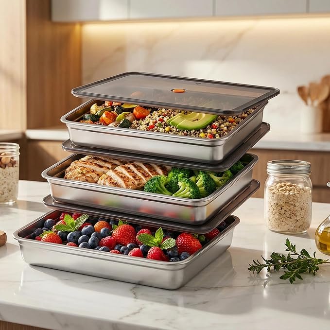 Stainless Steel Food Storage Containers, Silver, 3-Piece Set | Airtight with Vacuum Seal, Stackable Rectangular, BPA-Free Lids, For Meal Prep and Leftovers Storage, Shallow- 1.9'' Height - Image 7