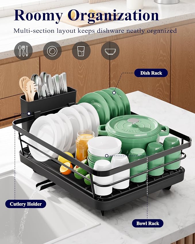 Kitsure Dish Drying Rack for Kitchen Counter, 12''W x 15.5''L, Black | Stainless Steel Sink Organization, Cutlery Holder, Home and Appartment Decor - Image 2