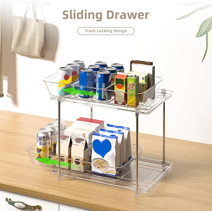 2-Pack 2-Tier Under Sink Organizer with Pull Out Drawers | Multi-use kitchen & bathroom storage. Includes hanging hooks and cups. transparent, space-saving cabinet design. 12.8 Inch - Image 2