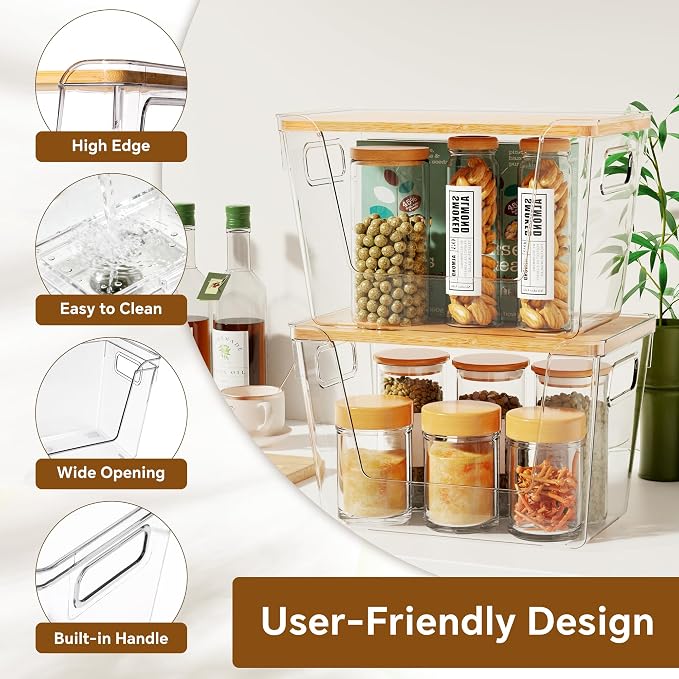 3 Set Pantry Organizers and Storage with Bamboo Lids, Stackable Clear Bins for Onion, Potato, Fruit, Vegetables, Trash Bag Dispenser, Kitchen and Under Sink Organizer - Image 5