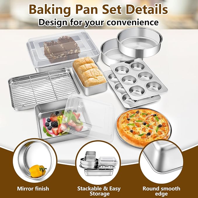 P&P CHEF 12-Piece Bakeware Set, Stainless Steel Baking Pans Set for Cooking | Non-toxic & Easy Clean, Includes Baking Sheet with Rack, Cake, Lasagna, Loaf, Muffin, Pizza Pan & 2 Covers, Oven Safe - Image 3