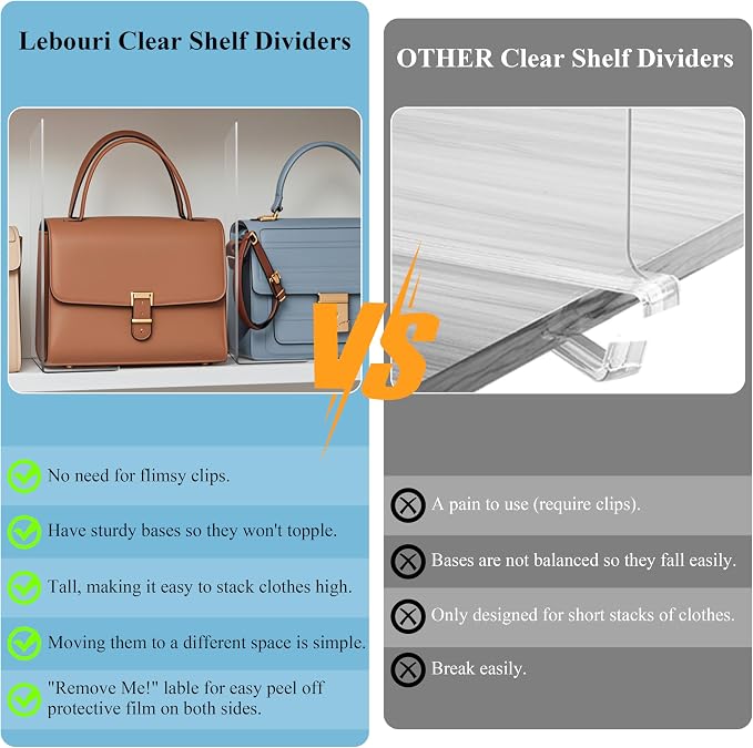 Acrylic Shelf Dividers Closet Organizers for Home Organization Enthusiasts | 12" Tall Sturdy Clear Closet Shelf Dividers for Clothes Purse pantry Separators in Bedroom Kitchen Office Shelf Space Saver - Image 2