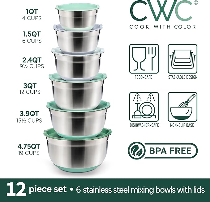 COOK WITH COLOR Stainless Steel Mixing Bowls Set with Lids - Nesting Bowls with Non-Slip Bottom, Sage, 12 Pieces - Image 2