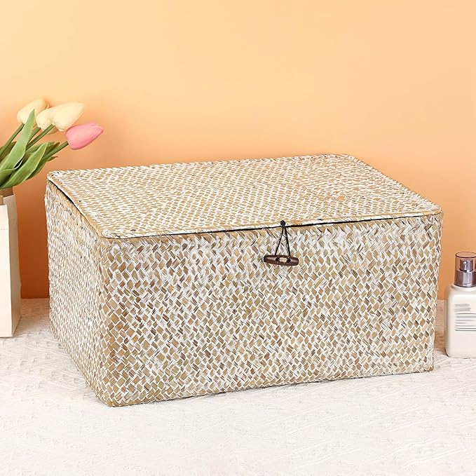 Hipiwe Wicker Woven Baskets Bin with Lid Seagrass Storage Basket, X-Large | Natural Decorative Baskets Rectangular Household Basket for Shelf Wardrobe Home Decor, Whitewash - Image 3