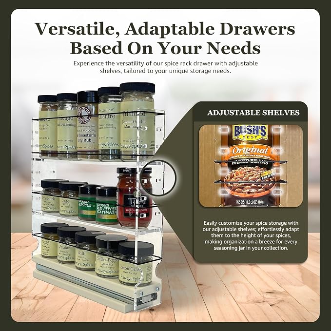Adjustable Spice Rack Drawer - Pull Out Cabinet Organizer - Kitchen and Pantry Organizers and Storage - Spice Caddy - 1 Drawer, 2 Upper Tier (2.3" W x 11.25" H x 10.6" D, Cream) - Image 3