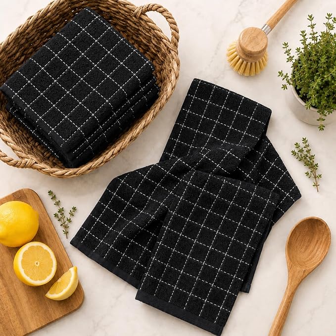 Kitinjoy 100% Cotton Terry Kitchen Towels, 13”x 28”, 12-Pack, Black | Checkered Designed, Ultra Soft Absorbent Quick Drying Dish Towels - Image 9