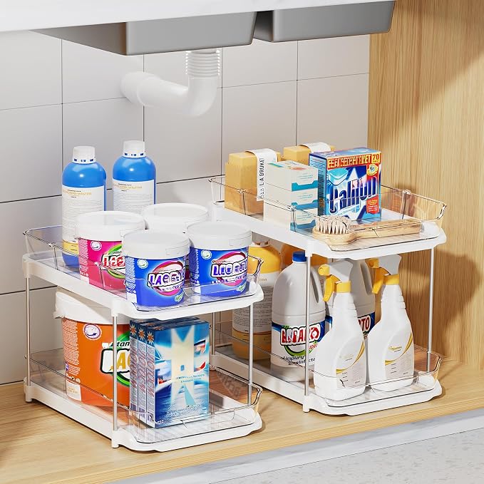 Delamu 3 Pack 2-Tier Bathroom Under Sink Organizers and Storage, Multi-Purpose Stackable Pantry Organization and Storage, Pull Out Clear Kitchen Bathroom Cabinet Organizer with Movable Dividers, White - Image 3