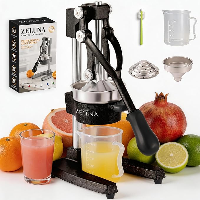 Cast Iron Manual Hand Press Juicer for Citrus & Pomegranate,Black | Stainless Steel Heavy Duty Squeezer,Easy to Clean,Effortless Lever-Press Design,For Home Cooks,Health Enthusiasts,Bartenders by Zeluna