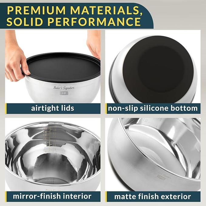 Stainless Steel Mixing Bowls with Lids Set of 5, 3 Graters, Black | Nesting Design with Airtight Covers & Non-Slip Base – Mirror Finish for Food Prep, Storage, Baking & Serving - Image 3