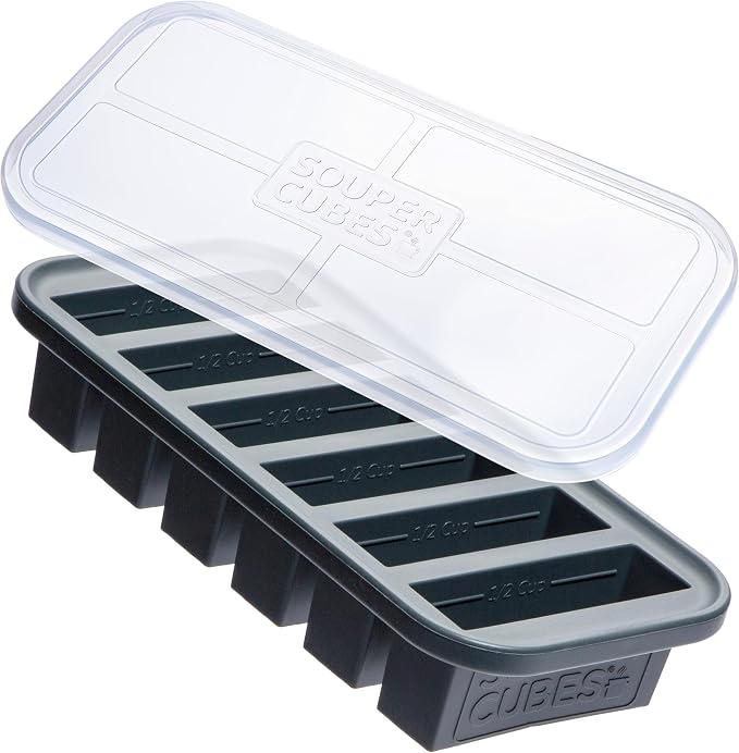 Souper Cubes 1/2 Cup Silicone Freezer Mold with Lid, Charcoal, 1-Pack | 100% Platinum-Cured Silicone Freezer Cube, Oven & Microwave Safe, Perfect for Freezing Broth, Sauces, Sides and More by SouperCubes%C2%AE