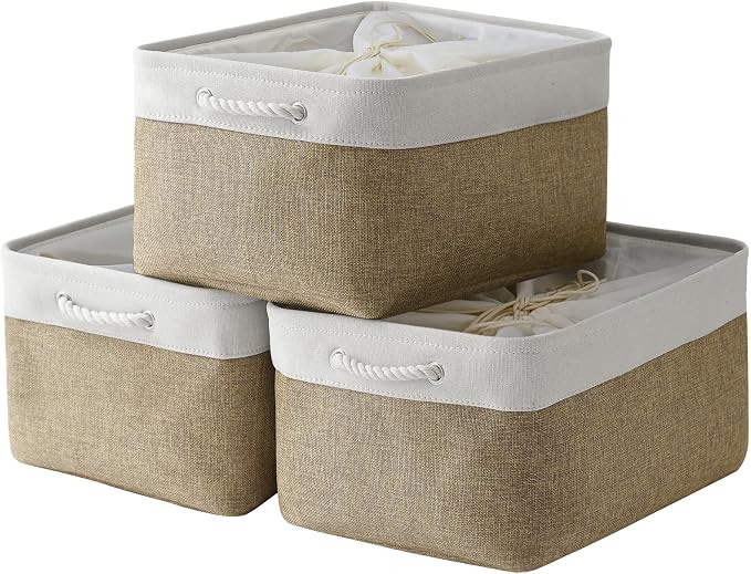 Organization and Storage Basket for Organizing - X Large - 3 Pack 17.7L×13.8W×9.8H in Collapsible Storage Bin for Shelves, Fabric Basket for Gifts Organizer Toy Closet (White & Khaki) by TheWarmHome