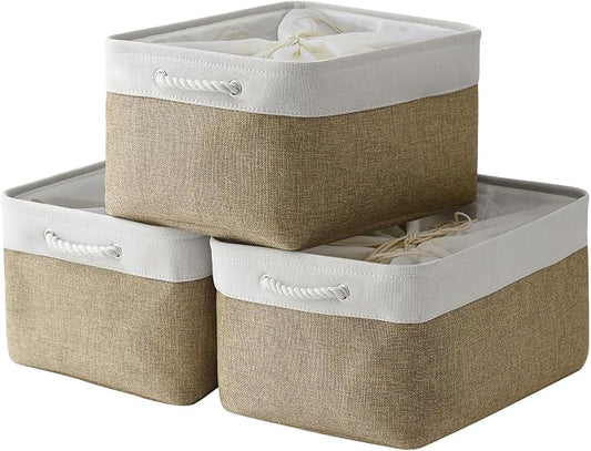 Organization and Storage Basket for Organizing - X Large - 3 Pack 17.7L×13.8W×9.8H in Collapsible Storage Bin for Shelves, Fabric Basket for Gifts Organizer Toy Closet (White & Khaki) by TheWarmHome