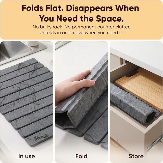 Stone Drying Mat for Kitchen Counter 24"x15" - Large Diatomite Dish Drying Mat, Kitchen Drying Stone, Super Absorbent Quick Dry, Foldable Heat Resistant, Dark Grey Marble - Image 5