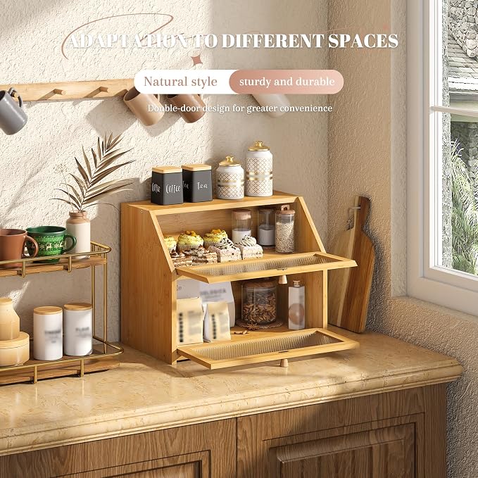 STDDRE Bread Box for Kitchen Countertop Bin Double Layer Bread Box Storage Container Extra Large Capacity Farmhouse with Diamond Pattern Windows (Natural, Large) - Image 4
