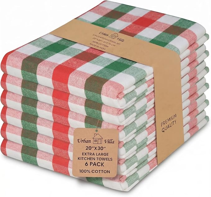Urban Villa Kitchen Towels Cotton Dish Towels 20”x30” (Set of 6)Red/Grn/Wht by CottonTrends