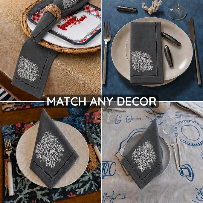 Cloth Napkins Set of 4, 20x20 inch, 100% Linen Hand Embroidered French Knot, Reusable & Machine Washable, Elegant Table Napkins for Dinner, Weddings, Parties (Charcoal) - Image 6