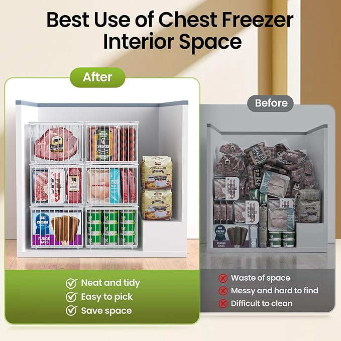 Freezer Organizer Bins, 3 Pack Enlarged Baskets for 5-9 Cu.FT Deep Freezer | Stackable Chest Freezer Organizer Bins, Foldable with Handles, White Storage Container Baskets for Sort Frozen Meats - Image 5