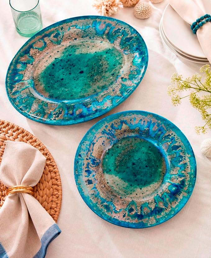 Radiance Teal 2pc Melamine Platter Set – 14" Round & 18"x13.5" Oval Serving Trays – Reactive Glaze Style Artisan Serveware for Entertaining, Holidays, Dinner Parties, or Gifts - Image 2
