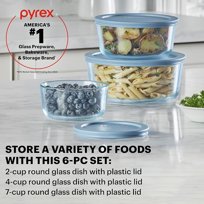 Pyrex Colors Tinted (6-PC Medium) Small/Medium Round Food Storage Container Set, Snug Fit Non-Toxic Plastic BPA-Free Lids, Freezer Dishwasher Microwave Safe, 2 Cup, 4 Cup & 7 Cup - Image 2