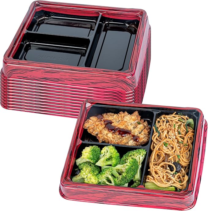 Restaurantware-Bento Tek 16.1 Ounce Meal Prep Containers, 100 Disposable To Go Food Boxes - Lids Sold Separately, 3 Compartments, Red And Black Plastic Bento Lunch Boxes, Freezable, For Take Out by Restaurantware