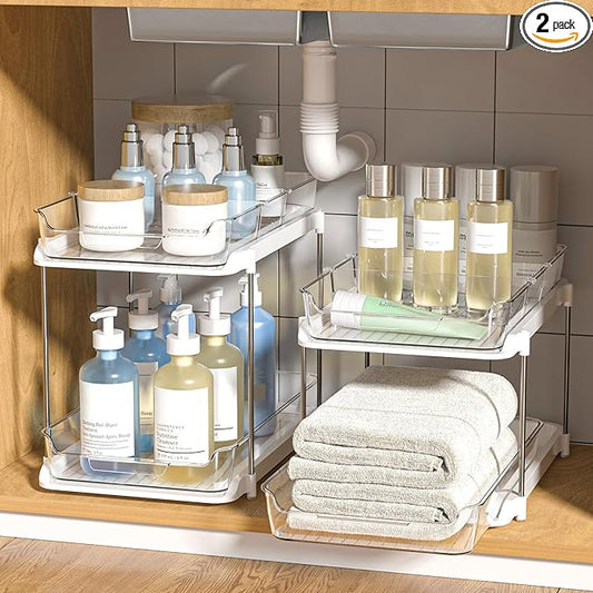 Delamu 2-Tier Multi-Purpose Bathroom Under Sink Organizers and Storage, Stackable Kitchen Pantry Organization, Pull Out Medicine Cabinet Organizer with Movable Dividers, White, 2 Pack by DELAMU