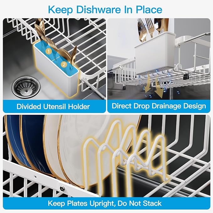 JASIWAY White Dish Drying Rack Over the Sink with Utensil Holder | Expandable Stainless Steel Dish Driainers for Small Kitchen, Counter Space Saving, Fast Drain, Rust Resistant, For Apartment - Image 9