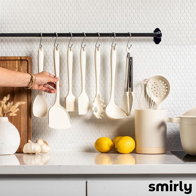 SMIRLY Silicone Kitchen Utensils Set with Holder: 20 Piece Cream White Silicone Cooking Utensils Set for Nonstick Cookware - Image 6