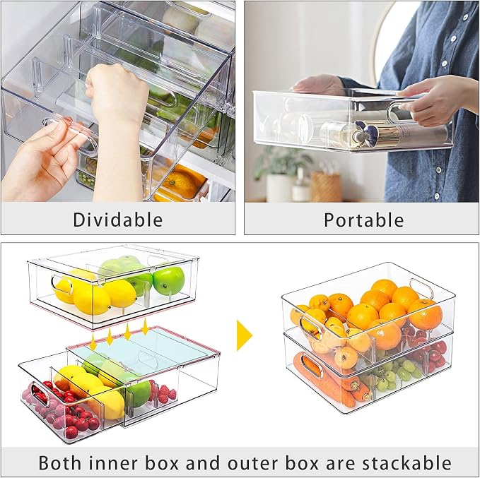 Mano Fridge Drawer Pull Out Stackable Bins with Handle Clear Refrigerator Drawers Organizer Food Storage Container Box with Dividers Plastic Produce Saver for Pantry, Cabinet, Kitchen, Clothes（4Pack） - Image 3
