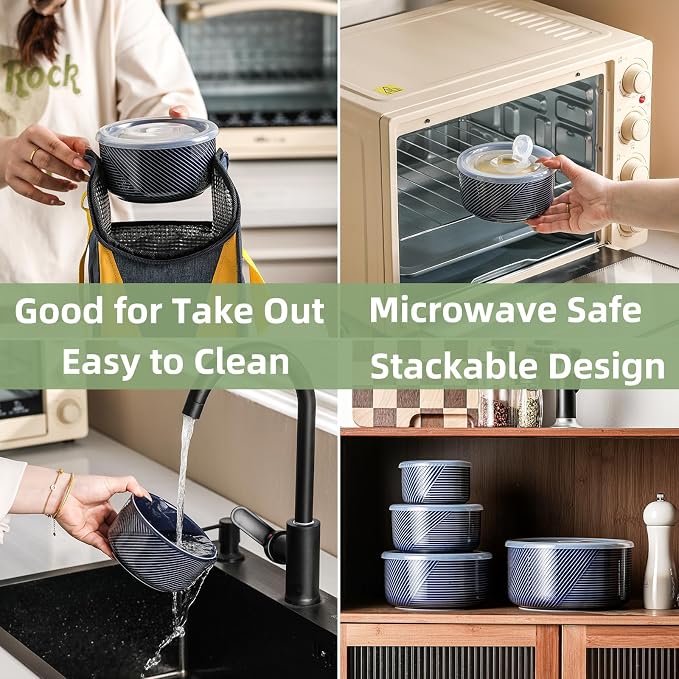 Ceramic Nesting Bowls with Lids, Set of 4, Navy | 50/32/20/10 oz Mixing Bowls with Lids - Porcelain Food Storage Containers For Prep and Serving, Microwave Safe - Image 4