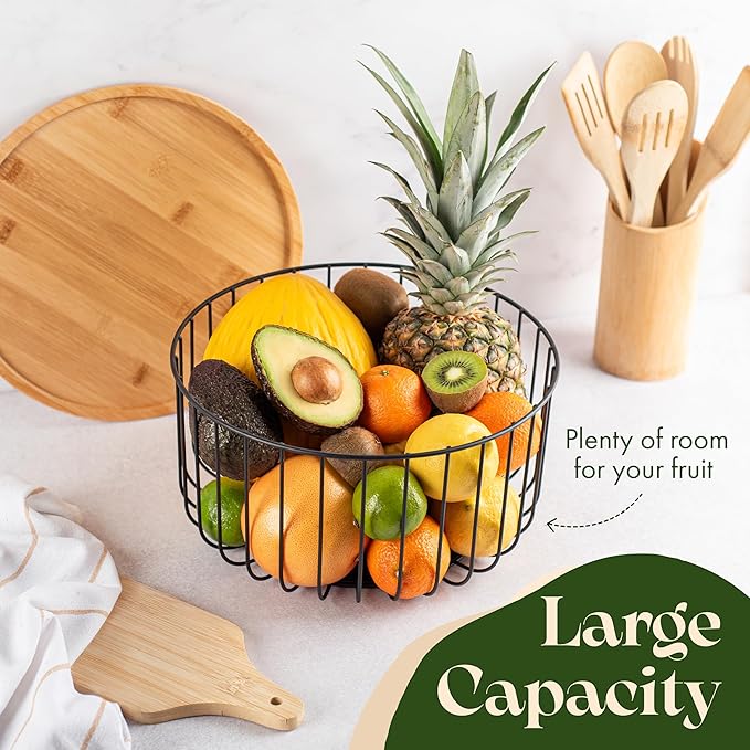 Fruit Basket for Kitchen Counter Set of 3 - Large Stackable Baskets with Bamboo Lid - Fruit Bowl, Perfect Holder For Fruits and Vegetable Storage -Keep Your Countertop Classy, Tidy and Slightly Fruity - Image 6