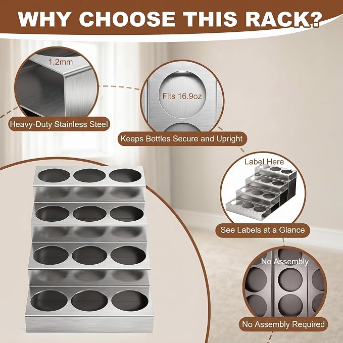 Novabright 4 Tier Coffee Syrup Rack Organizer, Stainless Steel Syrup Bottle Holder, 12 Bottles Storage Organizer for Coffee Bar, Wine Rack, Commercial Use, Home, Kitchen, Spices, 20" D x 12" W x 8" H - Image 4