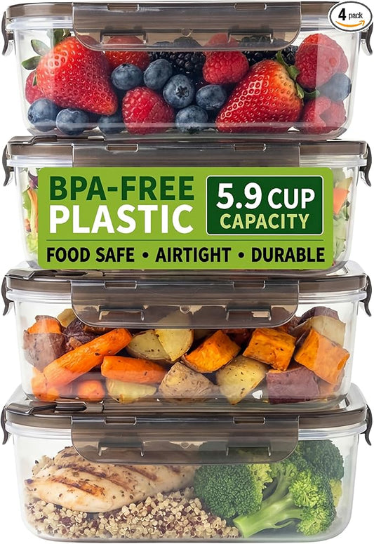 BPA-Free Plastic Airtight Food Storage Containers with Vented Lids, 4-Pack (5.9 Cups Each) for Meal Prep and Leftovers by Clutterix
