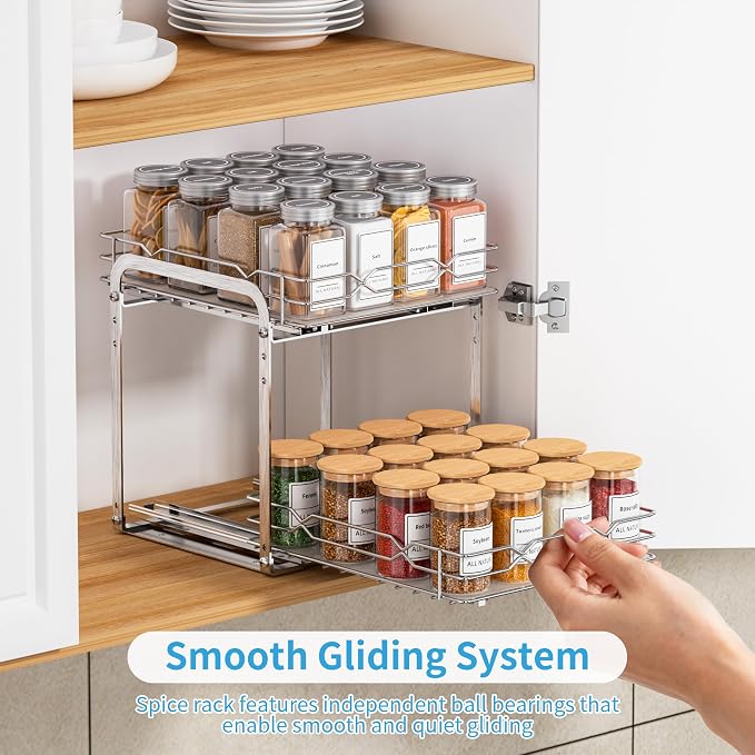 BOIVSHI Pull Out Spice Rack, 9.25" W x 10.39" D x 9.76" H | 2 Tier, Space-Saving, Spice Organization for Cabinet, Heavy Duty Metal Spice Organizer for Cabinet, Pantry, Kitchen - Image 3