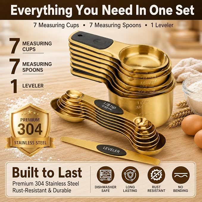 Stainless Steel Magnetic Measuring Cups and Spoons Set of 15 | Double Sided for Dry and Liquid Ingredients, BPA Free, Rust Resistant,Dishwasher Safe with Leveler for Baking and Cooking - Image 4