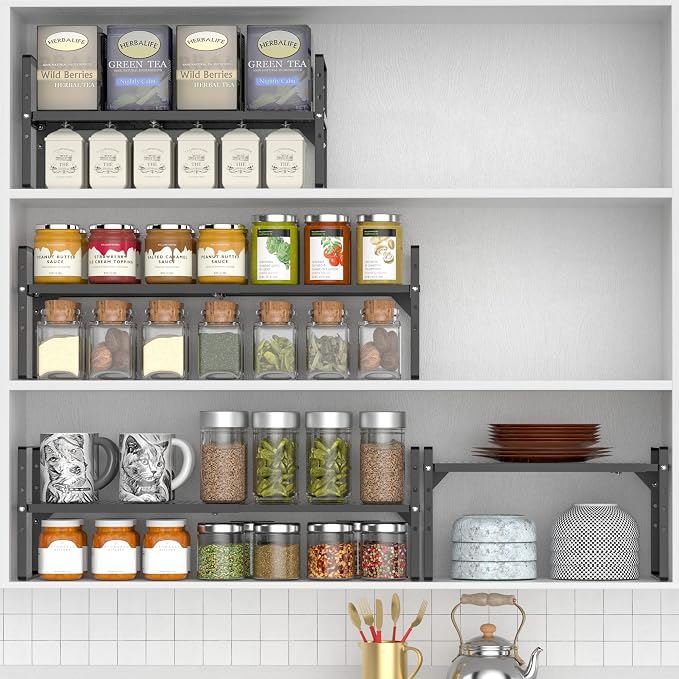 Expandable Kitchen Cabinet Shelf Organizers 3 Pack, Stackable Metal Pantry Storage Shelves Rack, Adjustable Counter Spice Shelf for Cabinets, Countertop, Cupboard Organizers and Storage, Black - Image 4
