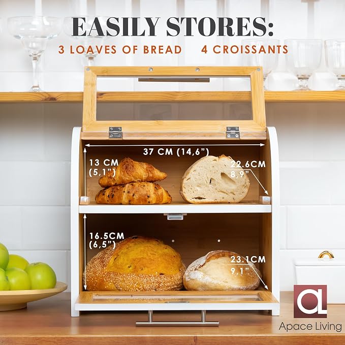 Arise Stylish Bamboo Bread Box for Kitchen Countertop, Extra Large 2-Shelf Wooden Bread Storage Container with Clear Windows and Air Vents Keep Bread, Bagels and Rolls Fresh, Self Assembly | Bread Storage Container with Clear Windows & Air Vents, Bread... - Image 4