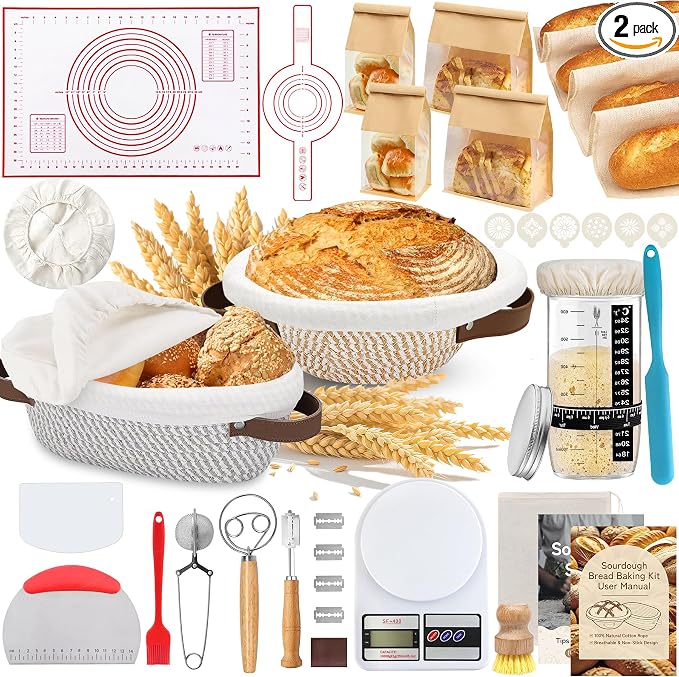 Aliggbent 38Pcs Sourdough Bread Baking Supplies – 11'' Oval & 10'' Round Cotton Rope Banneton Bread Proofing Baskets with Liners & Covers, Sourdough Starter Jar Kit, Scale, Bags & Bread Making Tools by AliggbentGoodChoice