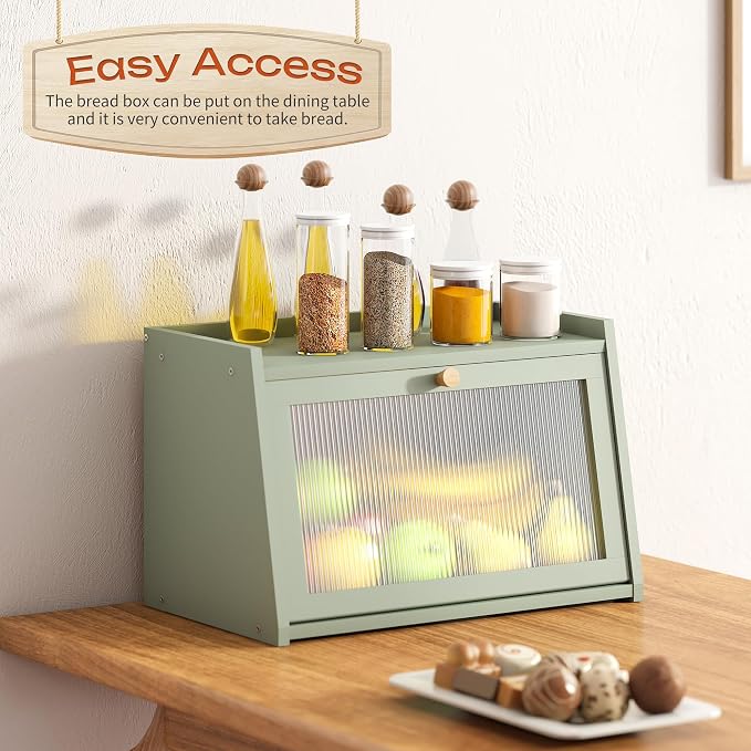 GHWIE Large Bread Box, Easy Access & Cleaning - Bamboo Bread Box for Kitchen Countertop with Acrylic Door (Green, Medium) - Image 4