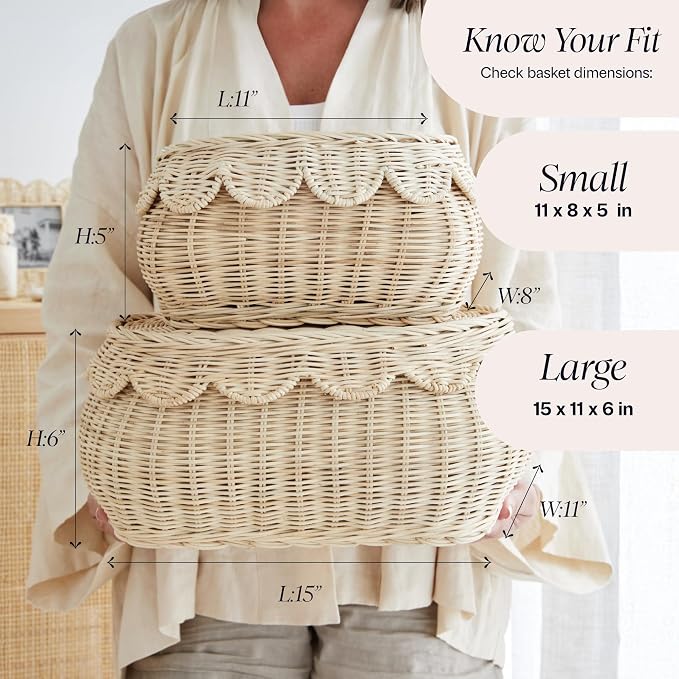BEBE BASK The Original Scalloped Basket with Lid - Set of 2 (15x11x6 In) | Handwoven & Award Winner, Sustainable Rattan, Wicker Basket With Scalloped Edge Lid, Nursery Storage, Scallop Basket, Natural - Image 4