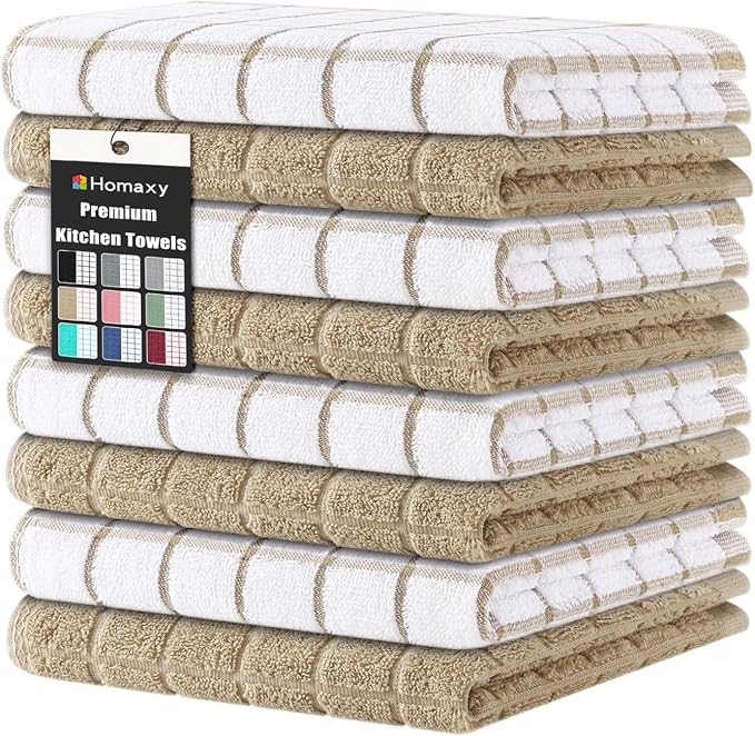 Homaxy Premium Cotton Kitchen Dish Cloths 12"x 12", 8 Pack, Tan | Natural Ring Spun 390 GSM Dish Rags, Super Absorbent Terry Dish Towels, Soft Dishcloths with Hanging Loop by Homaxy