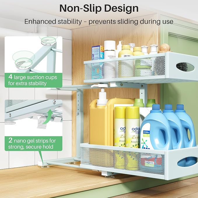 Under Sink Organizer, 2 Tier Pull out Cabinet Organizer Baskets with Mesh Sliding Drawers, Slide out Storage Shelf for Home, Kitchen, Bathroom, Pantry, Office Cabinet(1 Pack, Blue) - Image 6