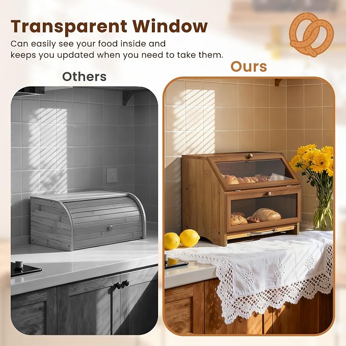 MAISONPEX Double Layer Bamboo Bread Box for Kitchen Countertop, Large Capacity, Cutting Board, Stainless Steel Bread Knife, Double Layer Storage Container with Clear Windows, Walnut - Image 6