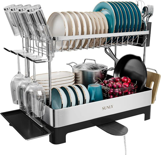 2 Tier Dish Drying Rack, Extra Large Dish Rack, Multifunctional Large Dish Drainers for Kitchen Counter, 304 Stainless Steel Kitchen Drying Rack, Bowl Drying Rack, Extendable Drain Spout, Black by SUNLYHOME