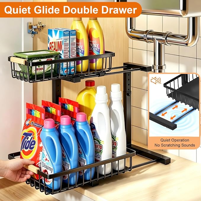 Under Sink Organizer, 2 Pack Height Adjustable Under Sink Organizers and Storage, 2 Tier Pull Out Drawer Cabinet Storage for Kitchen Bathroom - Image 3