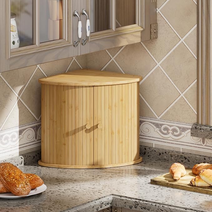Corner Bread Box for Kitchen Countertop, Solid Bamboo Wood Bread Box, Two Layer Wooden Bread Storage Capacity - Image 2